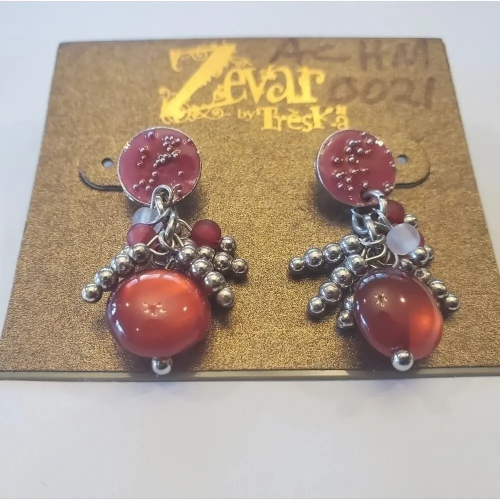 Treska beaded dangle drop charm silver dark pink‎ post earrings